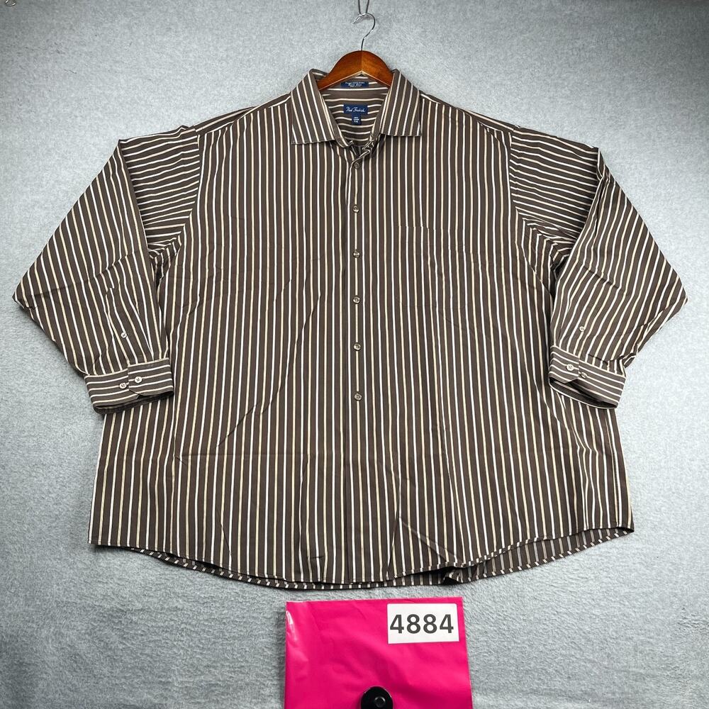 Paul Fredrick Sport Shirt Brown Striped Casual Button Up Long Sleeve Mens 4XL